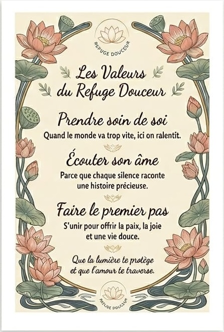 Affiche des valeurs du Refuge Douceur — prendre soin de soi, écouter son âme, faire le premier pas
